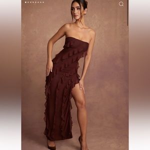 NEVALI Bandeau Ruffle Detail Maxi Dress in Brown